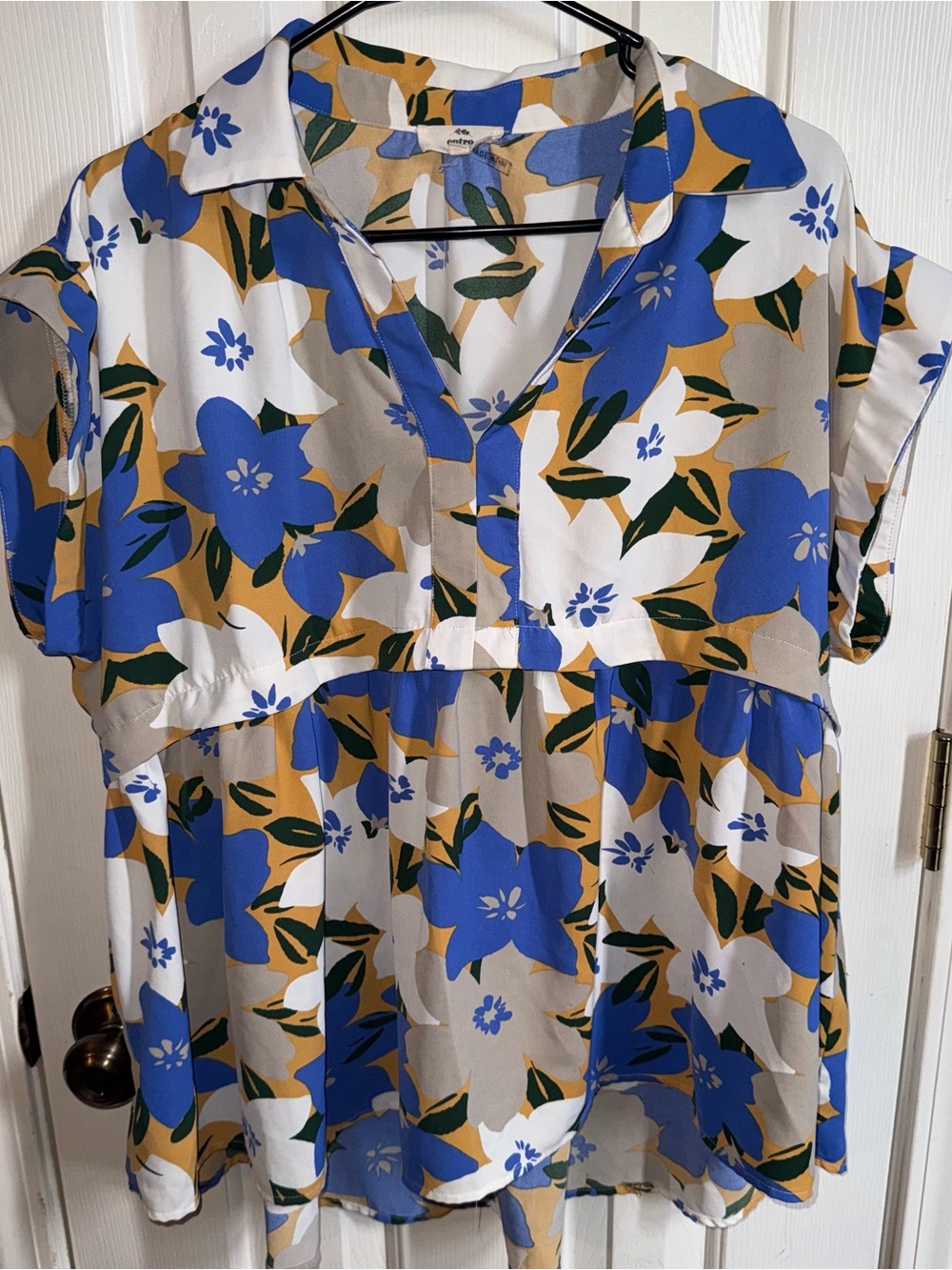 entro Blue & White Floral V-Neck Short Sleeve Tunic